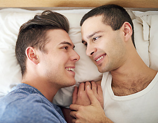 Image showing Men, gay and couple or bed rest in apartment happy with lgbt pride with comfortable love, happiness or connection. Male person, queer and smile with bonding support in home together, calm or peace