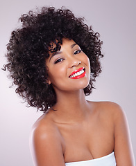 Image showing Skincare, beauty and portrait of black woman with cosmetics, afro and smile with confidence in studio. Dermatology, facial makeup and happy model girl with red lipstick isolated on white background