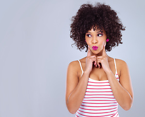 Image showing Studio, pose and hands for female person, face and beauty with makeup on white background. Lipstick, cosmetic and fingers on checks with afro woman model, cosmetology or skincare with mockup space