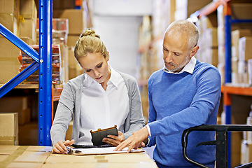 Image showing Tablet, clipboard and business people in distribution facility for logistics, supply chain and cardboard box. Package, ecommerce and employees with technology for shipping, cargo and stock taking