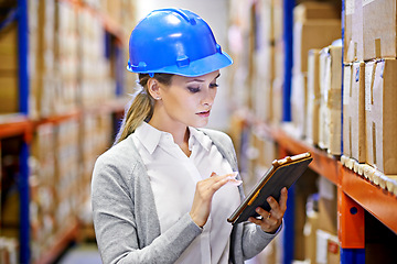 Image showing Tablet, inspector or woman in warehouse for storage, shipping delivery, product or stock in factory by shelf. Printing logistics, label or inspection on package or cargo for online order on website