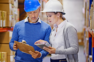 Image showing Checklist, tablet or people in factory for logistics info for a delivery order, boxes or website in a plant. Online, teamwork or warehouse workers with product, package or wholesale cargo shipping