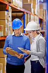 Image showing Checklist, tablet or people in factory for inspection info for a delivery order, boxes or website in a plant. Online, teamwork or warehouse workers with product, package or wholesale cargo shipping