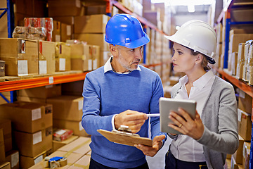 Image showing Teamwork, tablet or people in warehouse for inspection info for a delivery order, boxes or website in a plant. Online, checklist or factory workers with product, package or wholesale cargo shipping