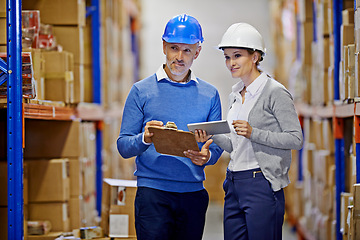 Image showing Warehouse, man and woman with tablet, distribution and inspecting inventory with cooperation. Supply chain, supervisor and management with technology and update schedule with import and industrial