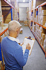 Image showing Distribution, warehouse and man with clipboard for inspection, supply chain and quality control checklist. Factory, shipping and person with documents for logistics, manufacturing and production