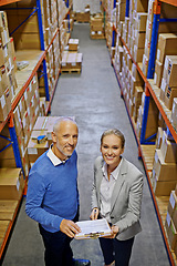 Image showing Portrait, supply chain and man with woman, inventory and warehouse with shipping paperwork and cargo. Clipboard, industry and manufacturing with teamwork or boxes with stock or logistics with storage