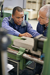 Image showing Factory, machine and coworkers in work talking, maintenance for industrial safety and diversity employees together. Mechanical engineering, production monitoring system or inspection in warehouse