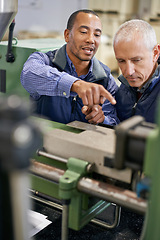 Image showing Factory, machine and men in work discussion, maintenance for industrial safety and diversity employees together. Mechanical engineering, production monitoring system or inspection in warehouse