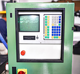 Image showing Equipment, factory and machine with closeup, technology and manufacturing industry maintenance. Professional tech, screen and system with control panel, repair and monitor with electronic engineering