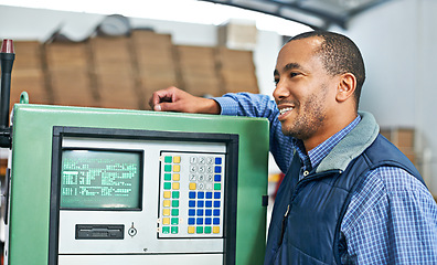 Image showing Engineer, factory and machine with warehouse, smile and manufacturing industry maintenance. Professional man, tradesman and system with equipment, repair and happiness with factory career or job