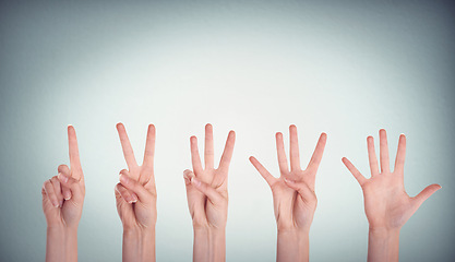 Image showing Hands, numbers and collage for counting in studio isolated on white background mockup space. Fingers, palm and montage of group with sign, communication or composite together for countdown on closeup