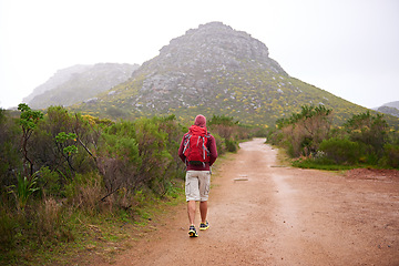 Image showing Man, trekking and mountain with bag in nature, Germany trail on wildlife conservation. Active, male person on adventure for health and wellness, confident explorer and backpacking for outdoor sport