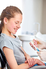 Image showing Dentures, girl and dentist with toothbrush for education on oral hygiene, gum disease and dental care. Consultation, child and hands of orthodontist holding teeth for cleaning, treatment and wellness