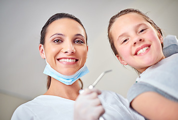 Image showing Woman, portrait and dentist for oral hygiene or kid, suction and tool for treatment in consultation. Female person, confidence and orthodontist to clean teeth, specialist and patient for gum health