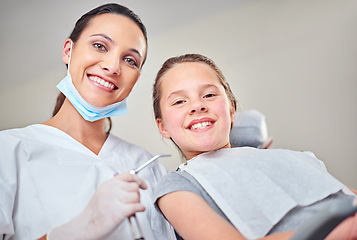 Image showing Woman, portrait and orthodontist for mouth exam or kid, suction and tool for treatment or hygiene. Person, confidence and dentist to clean teeth, specialist and patient for gum health or checkup