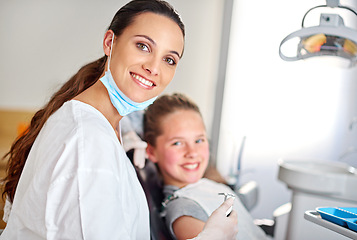 Image showing Young girl and dentist with smile in office on chair, appointment or results in consulting room. Professional, child and dental work, oral hygiene or working or care with tools, patient or calm