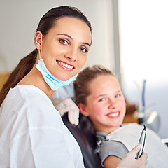 Image showing Portrait, dentist and woman with tools for happy child in medical exam, orthodontics or cleaning teeth. Face, smile and dental doctor with kid for tooth care, oral health or pediatrician with laser