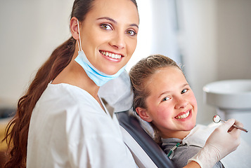 Image showing Portrait, dentist and happy child with woman in clinic for medical exam, orthodontics or cleaning teeth. Face, smile and dental doctor with kid for tooth care, oral health or pediatrician with mirror