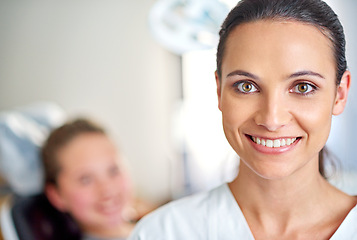 Image showing Woman, portrait and dentist for oral care in office, smile and ready for consultation on hygiene. Female person, confident and orthodontist for treatment on teeth, specialist and happy for gum health