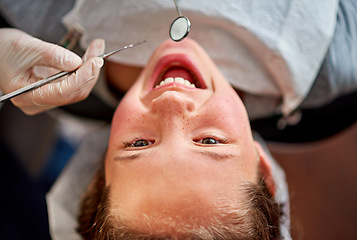 Image showing Dentist, mirror and child with teeth for cleaning and happy with healthcare at clinic or hospital. Dental, care and kid with tools in mouth and orthodontics patient with trust in medical appointment