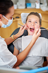 Image showing Mirror, dentist and woman with kid for exam, healthcare or orthodontics for teeth in clinic. Dental hygiene, child and medical doctor with tools for patient, excavator or pediatrician cleaning mouth