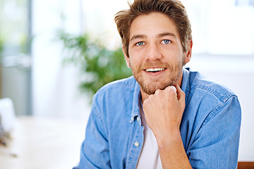 Image showing Home, portrait and man with smile, shirt and fashion for clothes with happiness and confidence. House, guy and male person in apartment to relax, stylish and trendy with joy, adult and beard