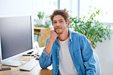 Image showing Computer, workplace and portrait of man with smile, technology for remote working, online and internet. Creative, male person and staff in home office to relax and happiness for career as author