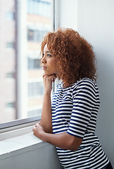 Image showing African woman, thinking and window for ideas, business and startup with vision, planning and goals. Female person, entrepreneur and businesswoman in thoughtful, dreaming and strategy for success