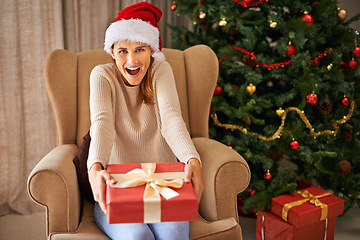 Image showing Sofa, surprise and portrait of woman with gift for Christmas, celebration and religious holiday at home in living room. Female person, lady and smile for xmas present in house, apartment and lounge