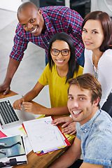 Image showing Colleagues, smile and portrait with laptop in office for collaboration, planning and strategy in advertising agency. Diverse people or designers with technology and sketch for teamwork in company