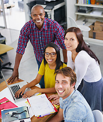 Image showing Colleagues, smile and portrait in office with laptop for collaboration, planning and strategy in advertising agency. Diverse team or designers and happy with tech and sketch for and creative project