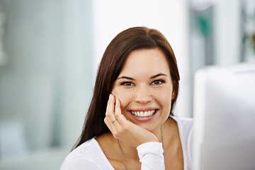 Image showing Graphic designer, portrait and computer in office with smile, visual content and ideas for company, agency and clients. Businesswoman, happy and tech in workplace for career, business and job