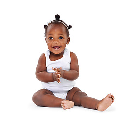 Image showing Baby, black girl and clapping in studio for happiness, growth and playful newborn with white background Infant, child and toddler for cheerful, excited or childhood development with hands together