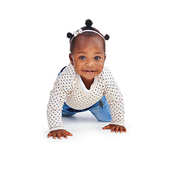 Image showing Portrait, baby girl or smile to crawl, explore or child development on mock up on white background. Female toddler or crawling on hands, knees or learn to balance mobility milestone and motor skills