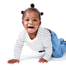 Image showing Portrait, baby or girl to smile, crawling or child development on studio mock up on white background. Female toddler, hands or knees to learn, health or balance by motor skills, mobility or milestone