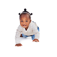 Image showing Portrait, happy or toddler to explore by crawling as child development on mockup on white background. Baby, girl or smile to crawl, hand or knee to learn, balance or motor skill on mobility milestone