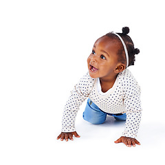 Image showing African baby, smile and crawling for development, learning and growing up for cute and adorable on white background. Girl, toddler or kids and happiness or joy for young, children and growth