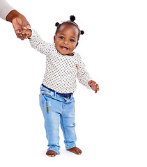 Image showing Baby, walking and hand in studio for help, support and balance with mockup space. Child, learning and coordination or motor skills development for steps in white background, infant care and love