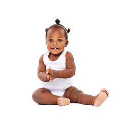 Image showing Portrait, baby girl and clapping with smile in studio for applause, playing and cheerful on white background. Child, happy and enjoying for childhood development, excited and joyful kid with mockup