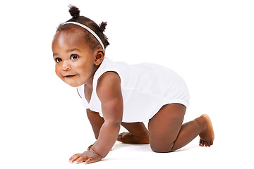 Image showing Black toddler, crawling or curiosity by thinking, learning or balance on studio on white background. Mockup, baby or girl to crawl, mobility or motor skill in child development on growth milestone