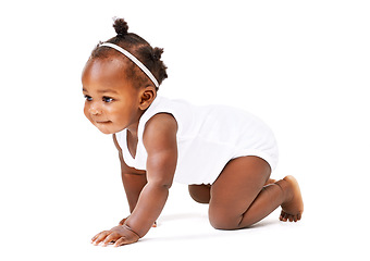 Image showing Black toddler, crawl or explore by thinking, learning or growth on studio mockup on white background. Baby girl, curious or crawling as mobility, balance or motor skill on child development milestone