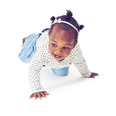 Image showing Baby, girl or laugh by crawling, play or thinking of learning, growth on mock up on white background. Black toddler, crawl or step to imagine, explore or motor skill development on mobility milestone