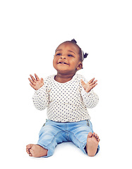 Image showing Baby, fun and clapping with smile in studio for applause, playing and cheerful on white background. Child, learning and motor skills for childhood development, excited and happy kid or infant