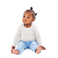 Image showing Black baby girl, relax or thinking of curiosity, idea or remember to imagine, wonder or childhood. Toddler, rest or comfort to question, growing up or contemplate studio mock up on white background