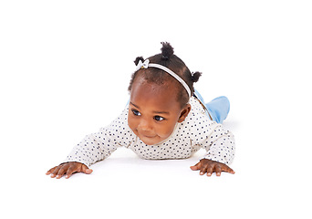 Image showing Black baby, curious or crawl to explore, play or learn of mobility, motor skill or child development. Girl, toddler or crawling on tummy time, growth or progress on mockup on white background