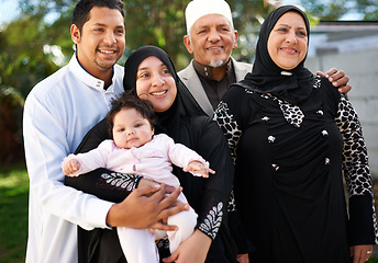 Image showing Family, smile and together for eid, islam and ramadan for religious holiday and happy. Senior people, mom and dad with baby in garden or backyard for visit, culture or religion for faith and joy