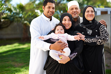 Image showing Muslim family, grandparents and parents with baby outdoor, Eid celebration or Ramadan with happiness and generations. People in garden, love and support with smile for Islamic holiday and bonding