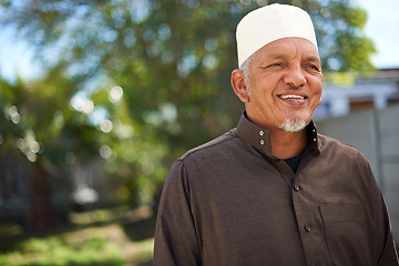 Image showing Senior man, muslim and happy in outdoor for eid or ramadan holiday for religion to enjoy and satisfied. Faith, Islam and smile for faith or hope with fasting on outfit for mosque, salvation and pray