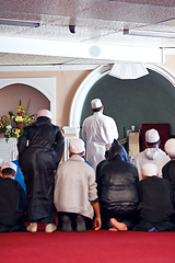 Image showing Muslim, family and prayer for worship, faith and spiritual routine for ramadan. Islamic person, culture and tradition for mosque, eid and religion for belief and support or gratitude and guidance